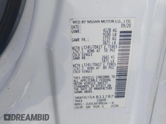 2020 Nissan NV Cargo SV z VIN 1N6BF0LY3LN811787, wystawiony jako IAAI lot #41826864 z przebiegiem 66 237 mil mil oraz . Historia ofert i sprzedaży dostępna na DreamBid. Obrazek 9.