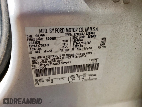 1999 Ford F-350 XL with VIN 1FTSW31S2XEE89071, listed as a Copart auction lot 61016685 with 115,130 mi miles and Salvage title. Bid and sale history available at DreamBid. Image 12.