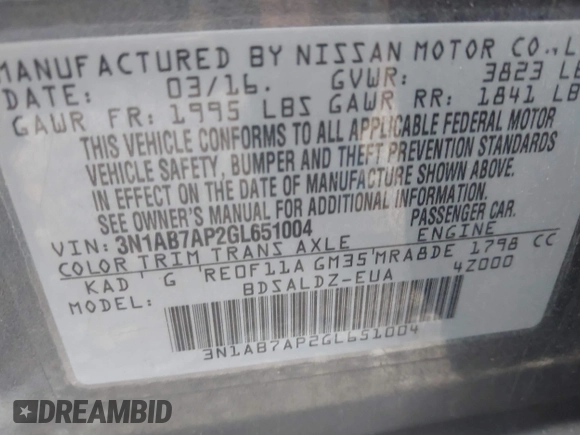 2016 Nissan Sentra SR with VIN 3N1AB7AP2GL651004, listed as a IAAI auction lot 42236635 with 147,912 mi miles and . Bid and sale history available at DreamBid. Image 9.