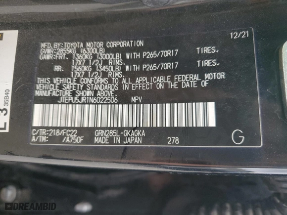 2022 Toyota 4Runner TRD Off Road with VIN JTEPU5JR1N6022506, listed as a Copart auction lot 47135275 with 60,818 mi miles and Non Repairable. Bid and sale history available at carsss.com. Image 13.