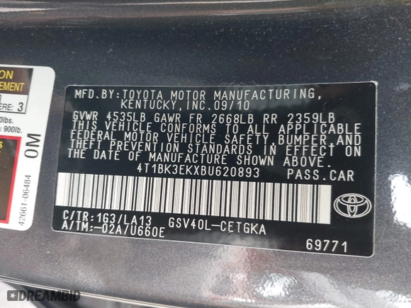 2011 Toyota Camry LE with VIN 4T1BK3EKXBU620893, listed as a IAAI auction lot 41970048 with 70,098 mi miles. Bid and sale history available at carsss.com. Image 9.