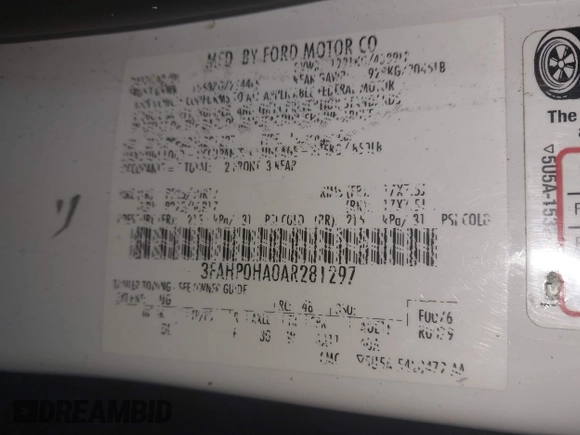 2010 Ford Fusion SE with VIN 3FAHP0HA0AR281297, listed as a IAAI auction lot 41868346 with 177,292 mi miles. Bid and sale history available at carsss.com. Image 9.