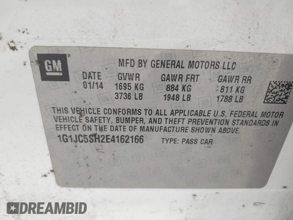 2014 Chevrolet Sonic LT with VIN 1G1JC5SH2E4162166, listed as a IAAI auction lot 42105408 with 122,854 mi miles and . Bid and sale history available at DreamBid. Image 9.