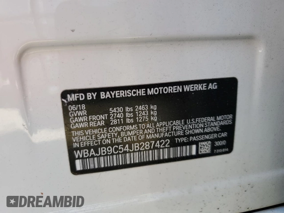 2018 BMW 5 Series M550i xDrive with VIN WBAJB9C54JB287422, listed as a Copart auction lot 46017034 with Not provided miles and Salvage title. Bid and sale history available at DreamBid. Image 12.