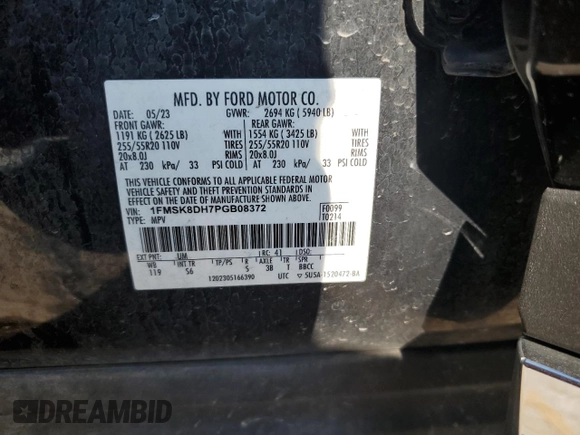 2023 Ford Explorer XLT with VIN 1FMSK8DH7PGB08372, listed as a Copart auction lot 62395205 with 63,257 mi miles and Salvage title. Bid and sale history available at DreamBid. Image 12.