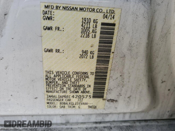 2014 Nissan Altima 2.5 with VIN 1N4AL3AP6EC420575, listed as a Copart auction lot 47067185 with 164,497 mi miles and Salvage Title. Bid and sale history available at carsss.com. Image 15.