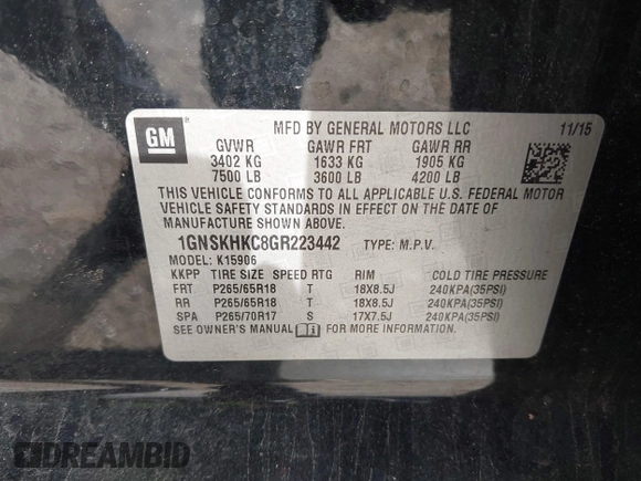 2016 Chevrolet Suburban LT z VIN 1GNSKHKC8GR223442, wystawiony jako IAAI lot #42166983 z przebiegiem 204 827 mil mil oraz . Historia ofert i sprzedaży dostępna na DreamBid. Obrazek 9.