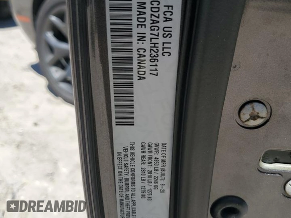 2020 Dodge Challenger SXT with VIN 2C3CDZAG7LH236117, listed as a Copart auction lot 52746765 with 75,151 mi miles and Salvage Title. Bid and sale history available at DreamBid. Image 12.