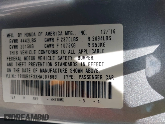 2017 Acura TLX with VIN 19UUB1F3XHA007869, listed as a IAAI auction lot 42378696 with 212,725 mi miles and . Bid and sale history available at DreamBid. Image 9.