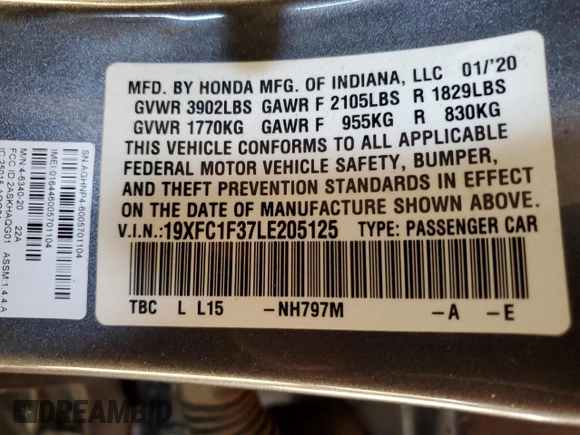 2020 Honda Civic Sedan EX with VIN 19XFC1F37LE205125, listed as a Copart auction lot 54004475 with 64,031 mi miles and Salvage Title. Bid and sale history available at carsss.com. Image 12.