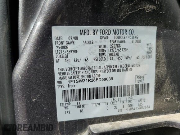 2008 Ford F-250 XL with VIN 1FTSW21R28ED59039, listed as a Copart auction lot 63929305 with 158,187 mi miles and Clean title. Bid and sale history available at DreamBid. Image 12.