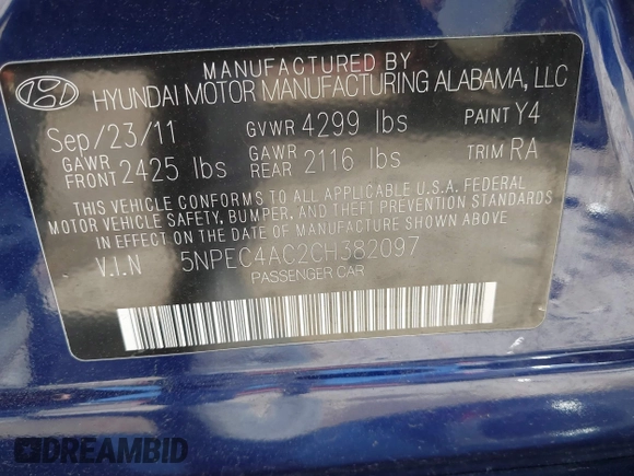 2012 Hyundai Sonata Limited z VIN 5NPEC4AC2CH382097, wystawiony jako IAAI lot #42276727 z przebiegiem 135 808 mil mil oraz . Historia ofert i sprzedaży dostępna na DreamBid. Obrazek 9.