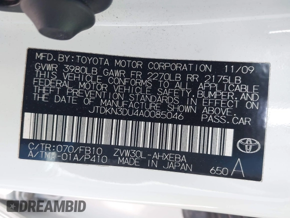 2010 Toyota Prius II with VIN JTDKN3DU4A0085046, listed as a IAAI auction lot 41980123 with 188,882 mi miles. Bid and sale history available at carsss.com. Image 9.