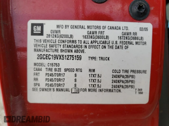 2005 Chevrolet Silverado 1500 LS z VIN 2GCEC19VX51275159, wystawiony jako Copart lot #57097135 z przebiegiem 178 673 mil mil oraz Szkoda całkowita • Salvage title. Historia ofert i sprzedaży dostępna na DreamBid. Obrazek 12.