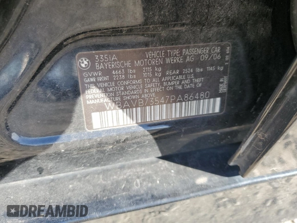 2007 BMW 3 Series 335i with VIN WBAVB73547PA86480, listed as a Copart auction lot 84990514 with 202,020 mi miles and Salvage Title. Bid and sale history available at carsss.com. Image 13.