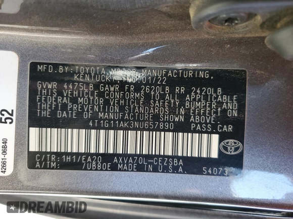 2022 Toyota Camry SE z VIN 4T1G11AK3NU657890, wystawiony jako Copart lot #49311565 z przebiegiem 61 017 mil mil oraz Szkoda całkowita • Salvage title. Historia ofert i sprzedaży dostępna na DreamBid. Obrazek 14.