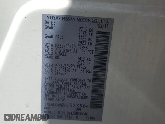 2015 Infiniti QX60 with VIN 5N1AL0MM2FC523564, listed as a Copart auction lot 52846785 with 145,054 mi miles and Clean Title. Bid and sale history available at DreamBid. Image 13.