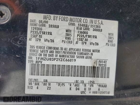 2000 Ford Explorer XLT with VIN 1FMZU83P2YZC66819, listed as a Copart auction lot 59684405 with 298,179 mi miles and Salvage title. Bid and sale history available at DreamBid. Image 12.