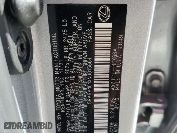 2022 Lexus ES 300h F Sport with VIN 58AGA1C1XNU015664, listed as a Copart auction lot 48647905 with 24,173 mi miles and Salvage title. Bid and sale history available at DreamBid. Image 15.