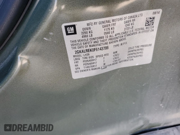 2015 GMC Terrain SLE with VIN 2GKALREK0F6143786, listed as a Copart auction lot 52135785 with 0 mi miles and Salvage Title. Bid and sale history available at carsss.com. Image 15.