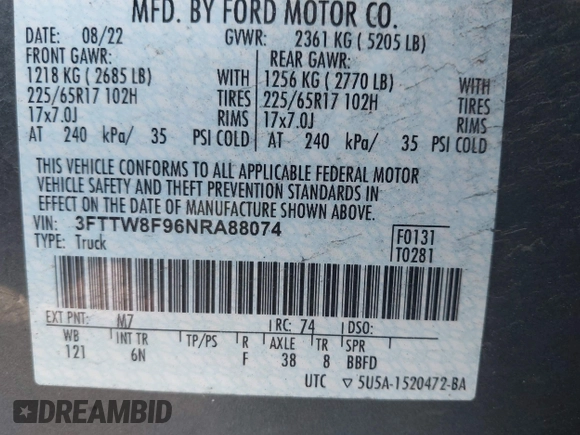 2022 Ford Maverick XL with VIN 3FTTW8F96NRA88074, listed as a IAAI auction lot 42090516 with 55,963 mi miles and . Bid and sale history available at DreamBid. Image 9.