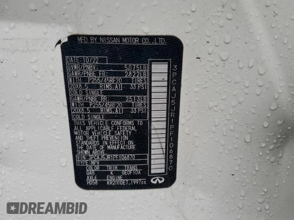 2023 Infiniti QX55 Luxe z VIN 3PCAJ5JR1PF106870, wystawiony jako Copart lot #82974974 z przebiegiem 24 001 mil mil oraz Szkoda całkowita • Salvage title. Historia ofert i sprzedaży dostępna na DreamBid. Obrazek 14.