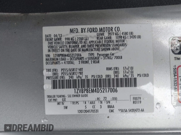 2013 Ford Mustang V6 with VIN 1ZVBP8EM4D5217006, listed as a IAAI auction lot 41560921 with 95,877 mi miles and . Bid and sale history available at DreamBid. Image 9.