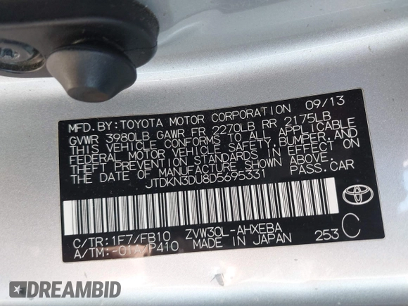 2013 Toyota Prius One with VIN JTDKN3DU8D5695331, listed as a IAAI auction lot 41717067 with 142,650 mi miles. Bid and sale history available at carsss.com. Image 9.