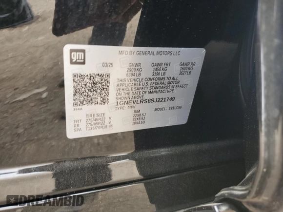 2025 Chevrolet Traverse AWD RS with VIN 1GNEVLRS8SJ221749, listed as a Copart auction lot 56988265 with Not provided miles and Salvage title. Bid and sale history available at DreamBid. Image 14.