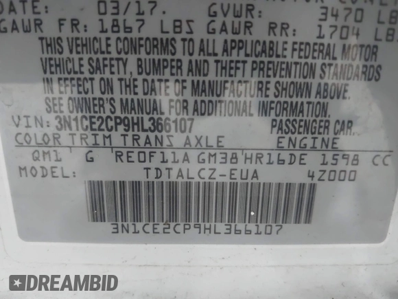 2017 Nissan Note SV with VIN 3N1CE2CP9HL366107, listed as a IAAI auction lot 42075707 with 94,341 mi miles and . Bid and sale history available at DreamBid. Image 9.