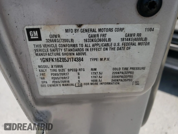 2005 Chevrolet Suburban LT with VIN 1GNFK16Z05J174384, listed as a Copart auction lot 82941113 with Not provided miles and Salvage title. Bid and sale history available at DreamBid. Image 15.