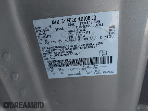 2009 Ford F-150 STX с VIN 1FTRX14899FA35204, выставлен на аукционе IAAI как лот 41757783 с пробегом 229 262 миль миль и . История ставок и продаж доступна на DreamBid. Изображение 9.