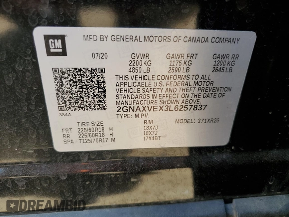 2020 Chevrolet Equinox LT z VIN 2GNAXVEX3L6257837, wystawiony jako Copart lot #52528065 z przebiegiem 94 997 mil mil oraz Szkoda całkowita • Salvage title. Historia ofert i sprzedaży dostępna na DreamBid. Obrazek 13.