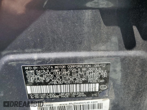 2013 Lexus LS 460 with VIN JTHBL5EF9D5113902, listed as a Copart auction lot 58020065 with 234,478 mi miles and Salvage title. Bid and sale history available at DreamBid. Image 12.