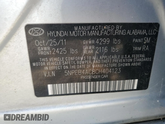 2012 Hyundai Sonata GLS with VIN 5NPEB4AC8CH404123, listed as a Copart auction lot 52679455 with 182,352 mi miles and Clean Title. Bid and sale history available at carsss.com. Image 12.