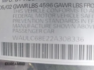 2002 Audi A4 1.8T with VIN WAULC68E22A308336, listed as a IAAI auction lot 41783633 with 1 mi miles. Bid and sale history available at carsss.com. Image 9.