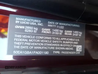 2023 Lucid Air Grand Touring z VIN 50EA1GBA1PA001190, wystawiony jako Copart lot #86923954 z przebiegiem 9658 mil mil oraz Szkody całkowita. Historia ofert i sprzedaży dostępna na DreamBid. Obrazek 12.
