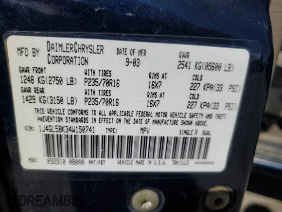 2004 Jeep Liberty Limited with VIN 1J4GL58K34W150741, listed as a Copart auction lot 53392095 with 203,458 mi miles and Salvage title. Bid and sale history available at DreamBid. Image 13.