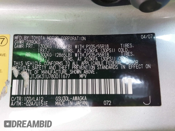 2008 Lexus RX 350 with VIN JTJGK31U780011677, listed as a IAAI auction lot 41817517 with 176,317 mi miles and . Bid and sale history available at DreamBid. Image 9.