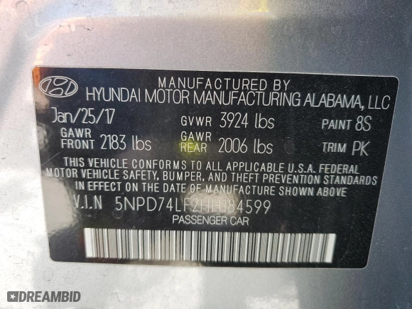 2017 Hyundai Elantra SE with VIN 5NPD74LF2HH184599, listed as a Copart auction lot 50594835 with 166,006 mi miles and Salvage Title. Bid and sale history available at carsss.com. Image 13.