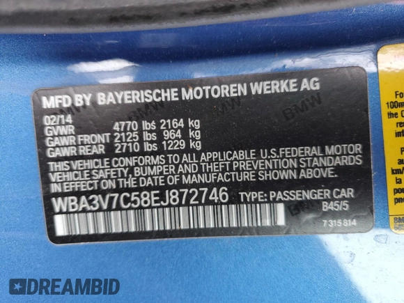 2014 BMW 4 Series 428i with VIN WBA3V7C58EJ872746, listed as a Copart auction lot 85334814 with 68,903 mi miles and Salvage title. Bid and sale history available at DreamBid. Image 13.