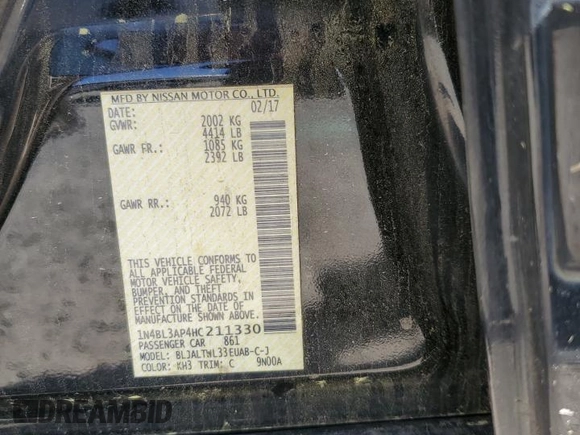 2017 Nissan Altima SL with VIN 1N4BL3AP4HC211330, listed as a Copart auction lot 53374055 with 220,107 mi miles and Salvage title. Bid and sale history available at DreamBid. Image 14.