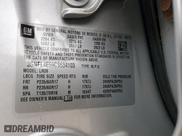 2012 Chevrolet Captiva Sport LTZ with VIN 3GNFL4E59CS634103, listed as a Copart auction lot 54857005 with 156,918 mi miles and Non Repairable. Bid and sale history available at carsss.com. Image 12.