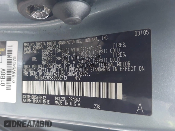 2005 Toyota Sienna CE with VIN 5TDZA23C55S308713, listed as a IAAI auction lot 42434718 with 225,254 mi miles and . Bid and sale history available at DreamBid. Image 9.