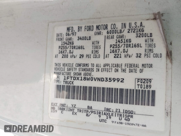 1997 Ford F-150 XL with VIN 1FTDX18W0VND35992, listed as a IAAI auction lot 41718167 with 285,973 mi miles. Bid and sale history available at carsss.com. Image 9.