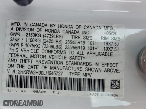2020 Honda CR-V Touring z VIN 2HKRW2H90LH645727, wystawiony jako Copart lot #62077365 z przebiegiem 58 614 mil mil oraz Szkoda całkowita • Salvage title. Historia ofert i sprzedaży dostępna na DreamBid. Obrazek 12.