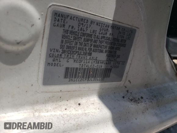 2018 Nissan Note SV with VIN 3N1CE2CP3JL356100, listed as a Copart auction lot 62530335 with 114,620 mi miles and Clean title. Bid and sale history available at DreamBid. Image 12.