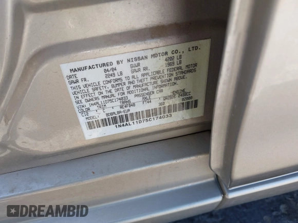 2005 Nissan Altima S with VIN 1N4AL11D75C174033, listed as a IAAI auction lot 42687090 with 103,102 mi miles and . Bid and sale history available at DreamBid. Image 9.