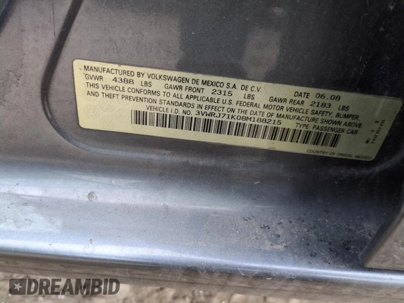 2008 Volkswagen Jetta Wolfsburg Edition with VIN 3VWRJ71K08M188215, listed as a Copart auction lot 88179355 with 83,314 mi miles and Salvage title. Bid and sale history available at DreamBid. Image 12.