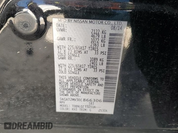 2014 Nissan Rogue SV with VIN 5N1AT2MV3EC866306, listed as a Copart auction lot 53285165 with 122,054 mi miles and Salvage Title. Bid and sale history available at carsss.com. Image 13.
